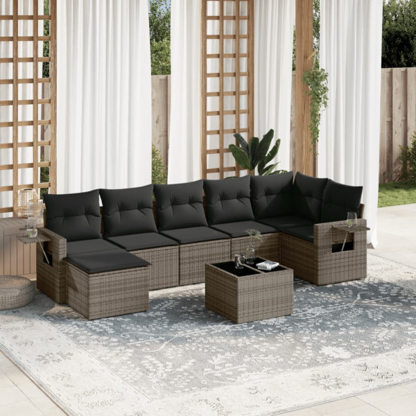 8 pcs conjunto sofás de jardim c/ almofadões vime PE cinzento D