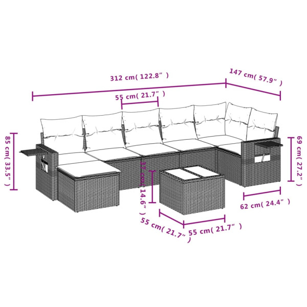 8 pcs conjunto sofás de jardim c/ almofadões vime PE cinzento M 3