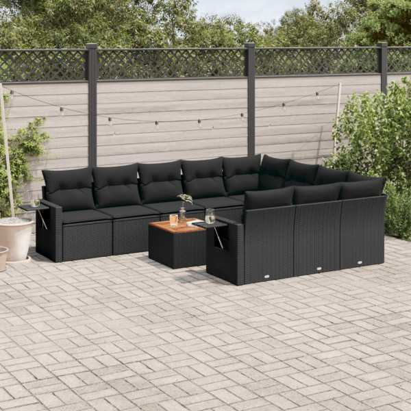 Set de sofás de jardín 11 pzas y cojines ratán sintético negro D