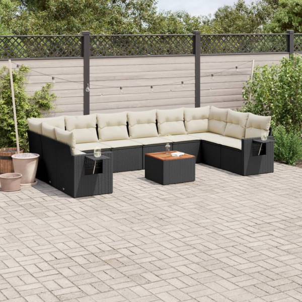 Set de sofás de jardín 11 pzas y cojines ratán sintético negro D