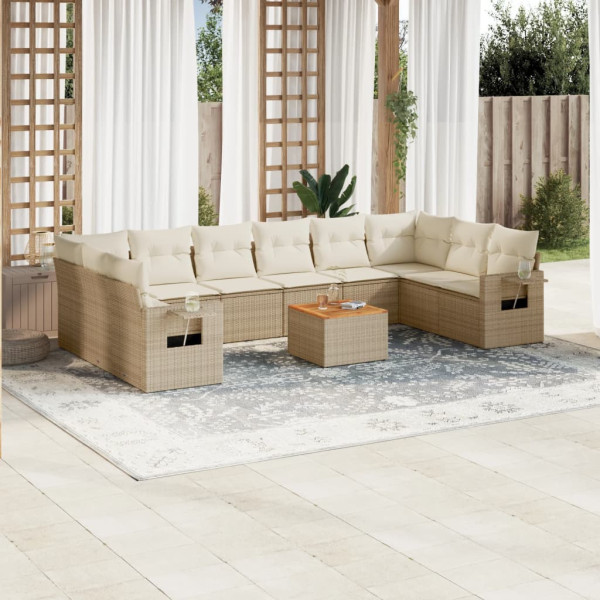 11 pcs conjunto sofás de jardim c/ almofadões vime PE bege D