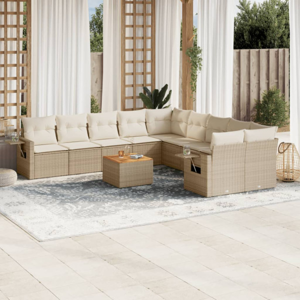 11 pcs conjunto sofás de jardim c/ almofadões vime PE bege D