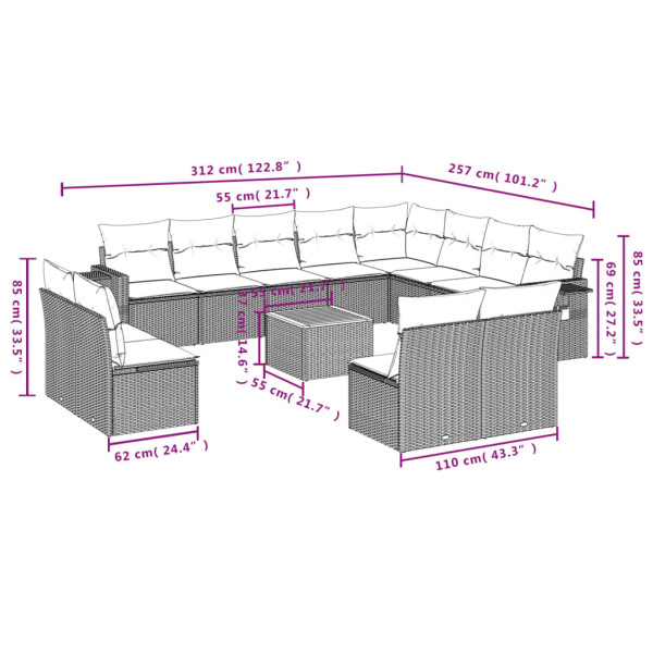 13 pcs conjunto de sofás de jardim com almofadões vime PE preto M 3