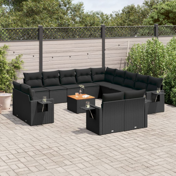 Set sofás de jardín 14 pzas con cojines ratán sintético negro D