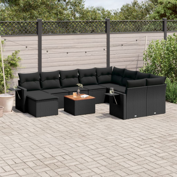 11 pcs conjunto sofás de jardim c/ almofadões vime PE preto D