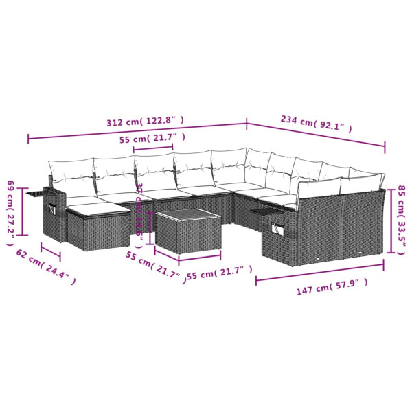 12 pcs conjunto de sofás de jardim c/ almofadões vime PE preto M 3
