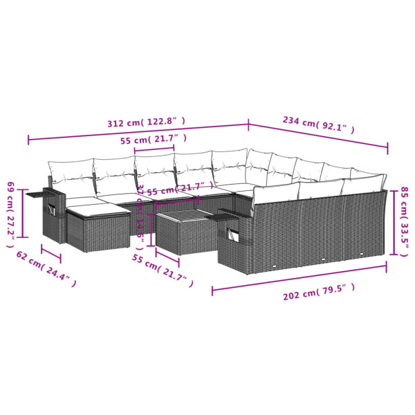 Set de sofás de jardín y cojines 13 pzas ratán sintético negro M 3