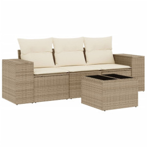 4 pcs conjunto de sofás para jardim c/ almofadões vime PE bege H