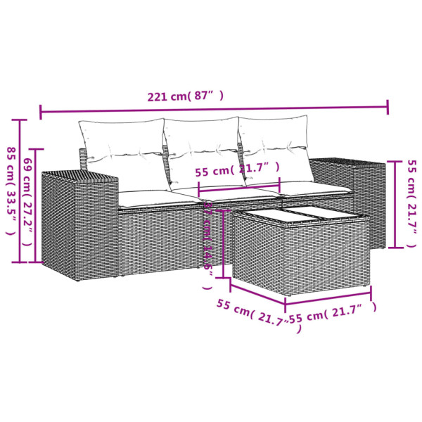 4 pcs conjunto de sofás para jardim c/ almofadões vime PE bege M 3