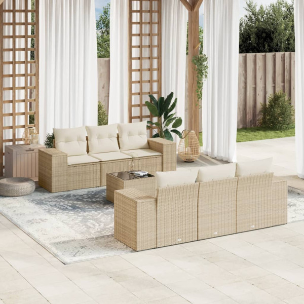 7 pcs conjunto de sofás p/ jardim com almofadões vime PE bege D