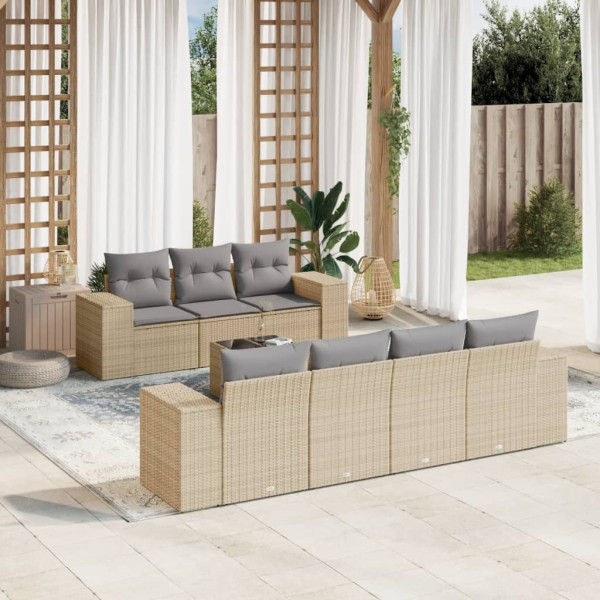 8 pcs conjunto de sofás p/ jardim com almofadões vime PE bege D