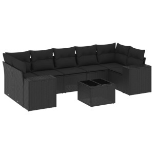8 pcs conjunto sofás de jardim com almofadões vime PE preto H