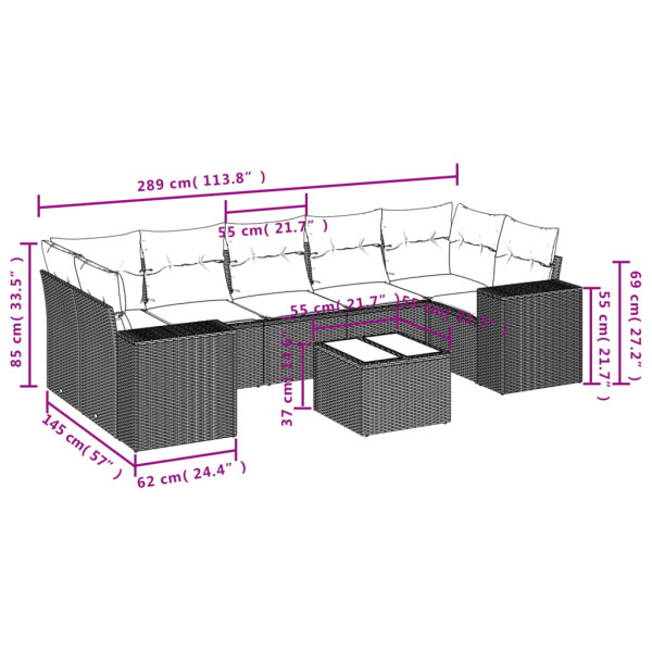 Set de sofás de jardín 8 piezas y cojines ratán sintético negro M 3
