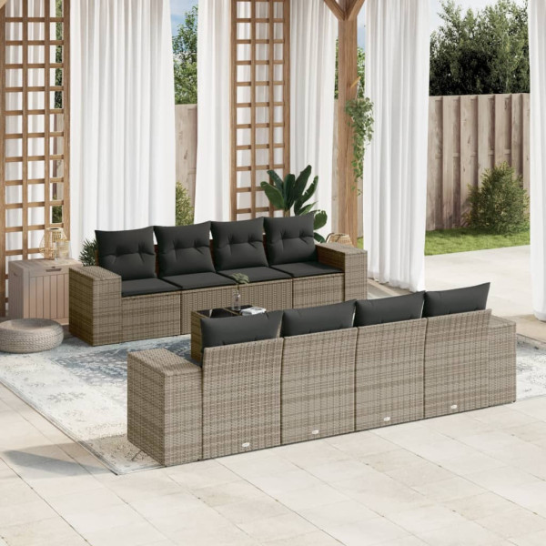 9 pcs conjunto sofás p/ jardim com almofadões vime PE cinzento D