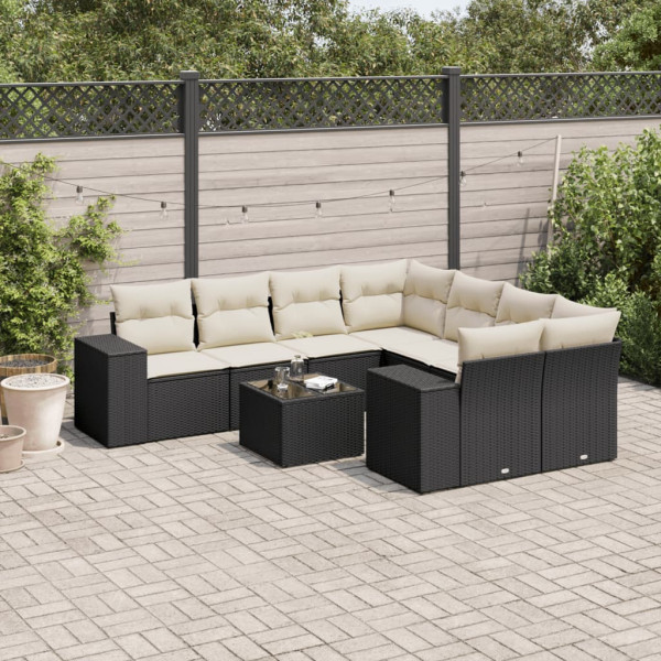 Set de sofás de jardín 8 piezas y cojines ratán sintético negro D