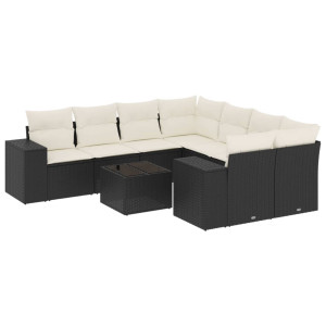 9 pcs conjunto de sofás p/ jardim c/ almofadões vime PE preto H
