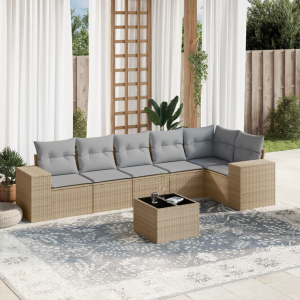 Set sofás de jardín 7 piezas y cojines ratán sintético beige D