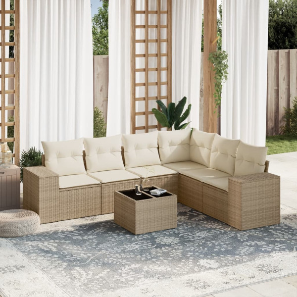 Set sofás de jardín 7 piezas y cojines ratán sintético beige D