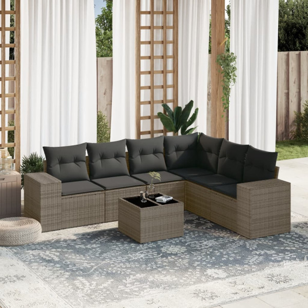 7 pcs conjunto sofás p/ jardim c/ almofadões vime PE cinzento D