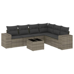 7 pcs conjunto sofás p/ jardim c/ almofadões vime PE cinzento H