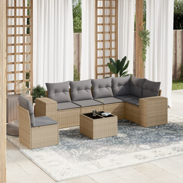 Set sofás de jardín 7 piezas y cojines ratán sintético beige D