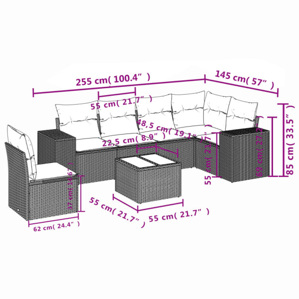 7 pcs conjunto de sofás p/ jardim com almofadões vime PE bege M 3