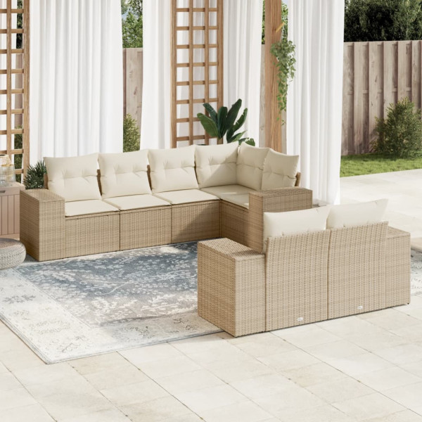 7 pcs conjunto de sofás p/ jardim com almofadões vime PE bege D