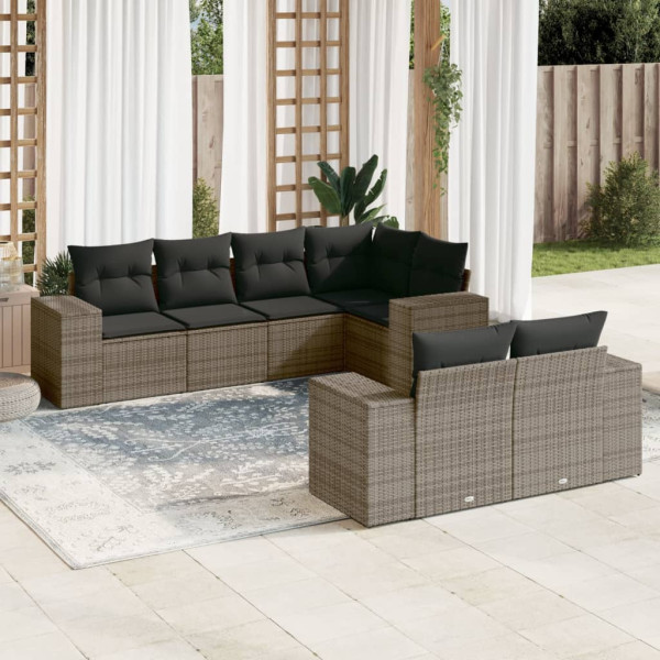 7 pcs conjunto sofás p/ jardim c/ almofadões vime PE cinzento D