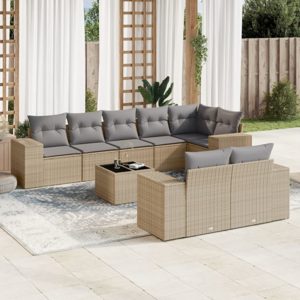 Set de sofás de jardín 9 pzas con cojines ratán sintético beige D