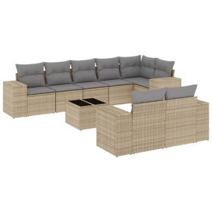 9 pcs conjunto de sofás p/ jardim com almofadões vime PE bege H