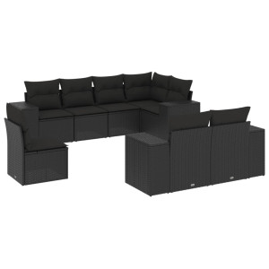8 pcs conjunto sofás de jardim com almofadões vime PE preto H