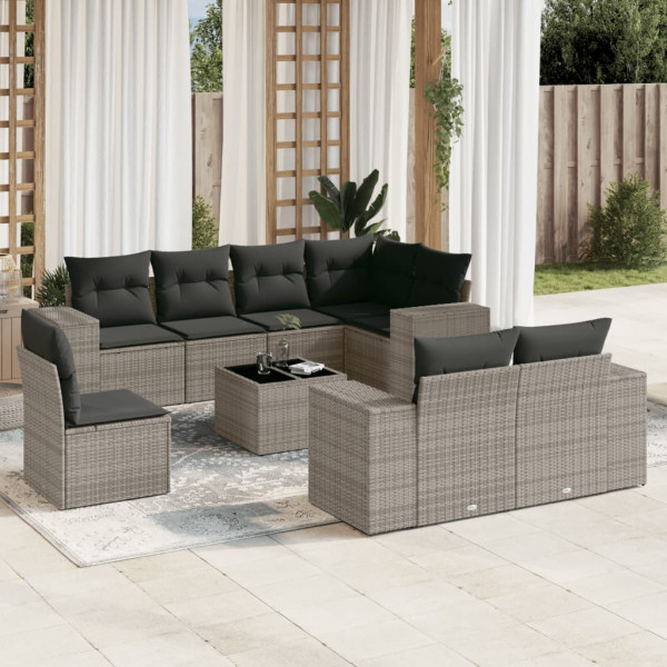 9 pcs conjunto sofás p/ jardim com almofadões vime PE cinzento D