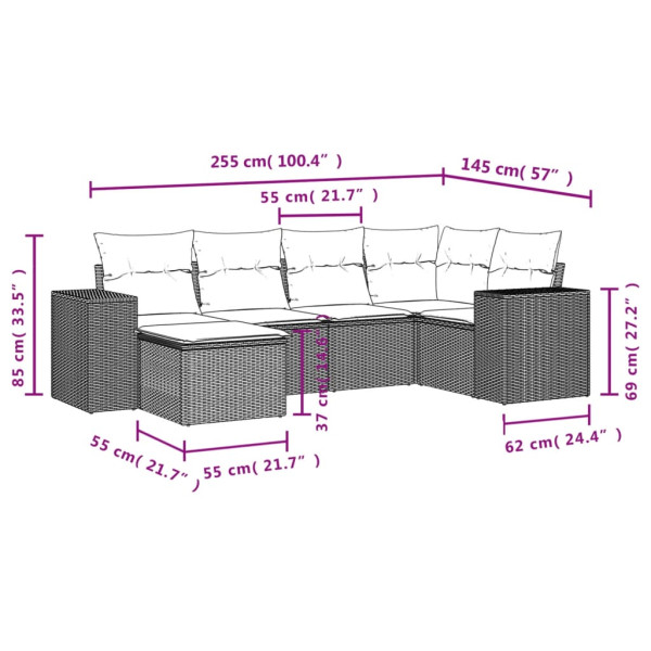 6 pcs conjunto sofás de jardim c/ almofadões vime PE preto M 3