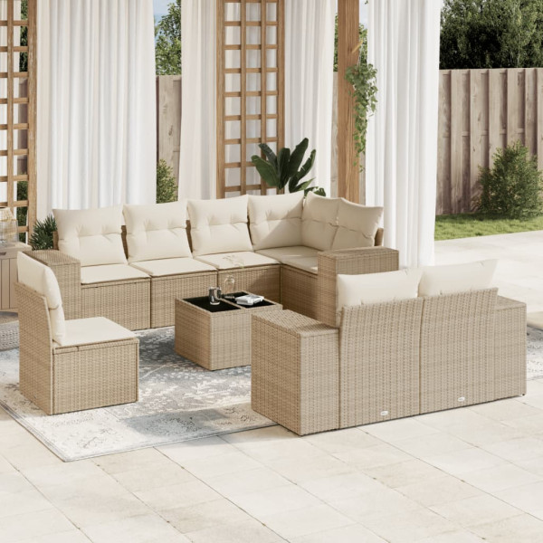 9 pcs conjunto de sofás p/ jardim com almofadões vime PE bege D