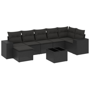 8 pcs conjunto sofás de jardim com almofadões vime PE preto H