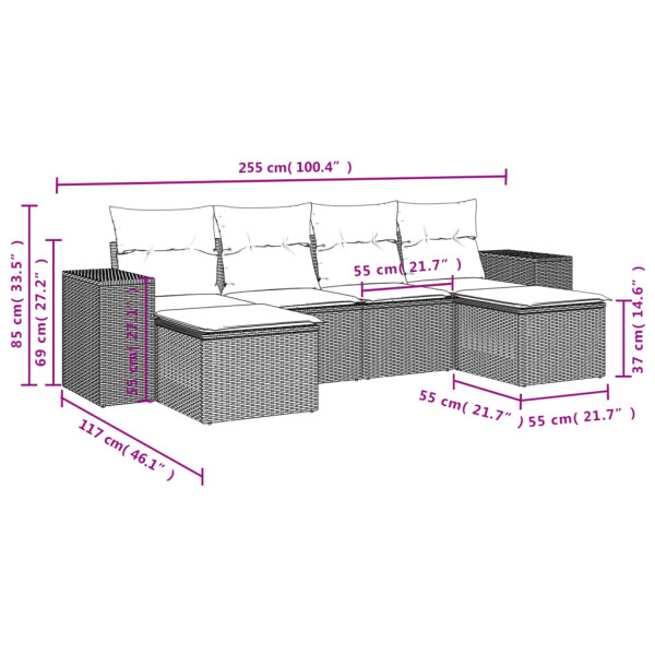 6 pcs conjunto de sofás p/ jardim com almofadões vime PE bege M 3