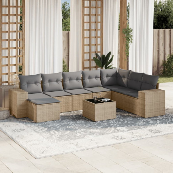 9 pcs conjunto de sofás p/ jardim com almofadões vime PE bege D