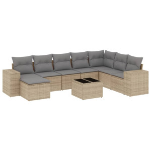 9 pcs conjunto de sofás p/ jardim com almofadões vime PE bege H
