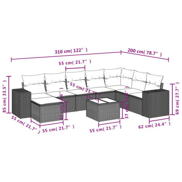 9 pcs conjunto de sofás p/ jardim com almofadões vime PE bege M 3