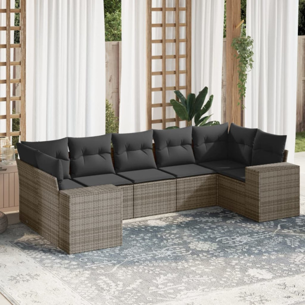 7 pcs conjunto sofás p/ jardim c/ almofadões vime PE cinzento D