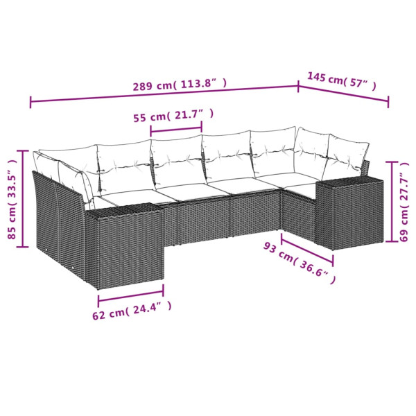 7 pcs conjunto sofás p/ jardim c/ almofadões vime PE cinzento M 3