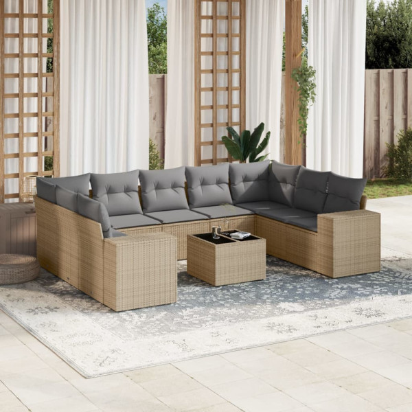 Juego de sofás jardín con cojines beige 10 pzas ratán sintético D