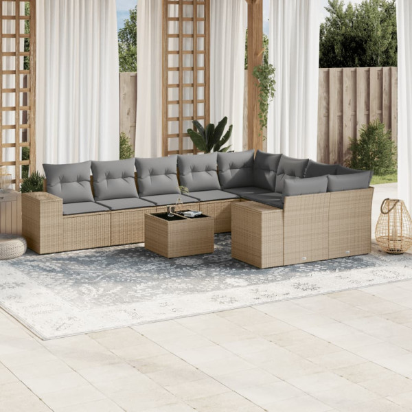 10 pcs conjunto de sofás p/ jardim com almofadões vime PE bege D
