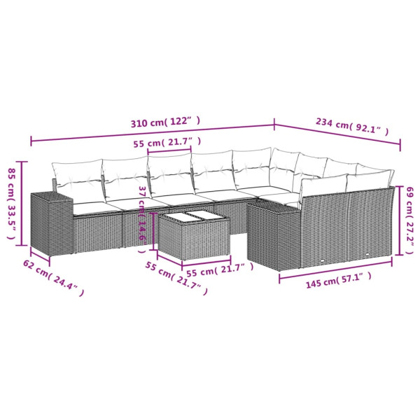 10 pcs conjunto de sofás p/ jardim com almofadões vime PE bege M 3