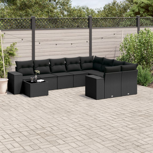 10 pcs conjunto sofás de jardim c/ almofadões vime PE preto D