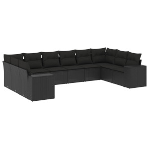 10 pcs conjunto sofás de jardim c/ almofadões vime PE preto H