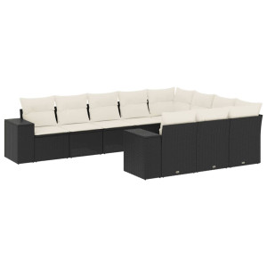 10 pcs conjunto sofás de jardim c/ almofadões vime PE preto H