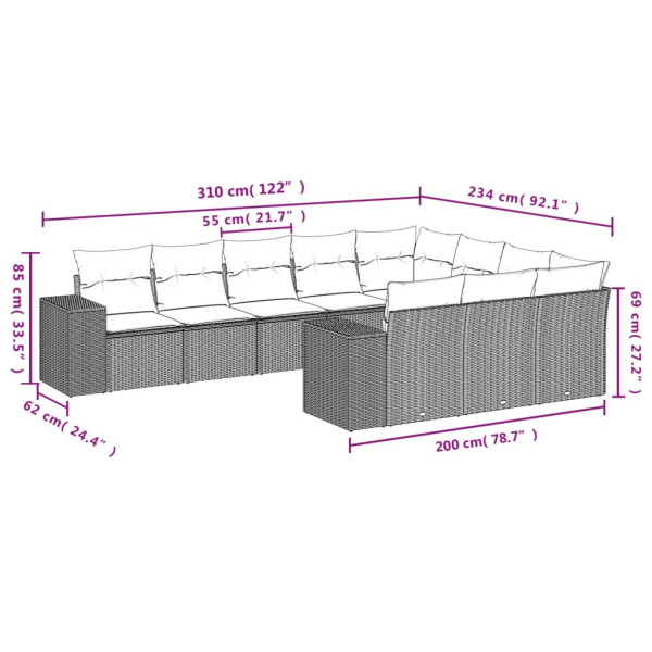 Set de sofás de jardín 10 pzas cojines ratán sintético negro M 3