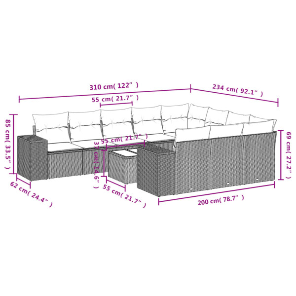 Set de sofás de jardín 11pzas con cojines ratán sintético beige M 3