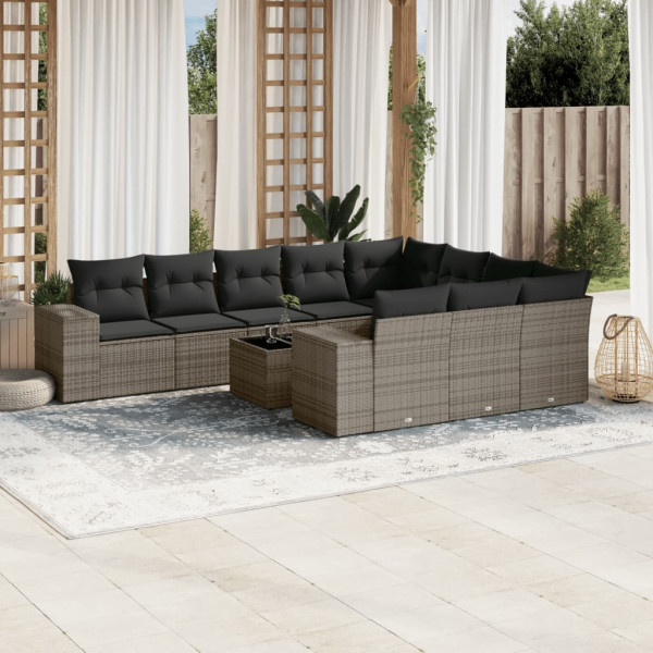11 pcs conjunto sofás de jardim c/ almofadões vime PE cinzento D